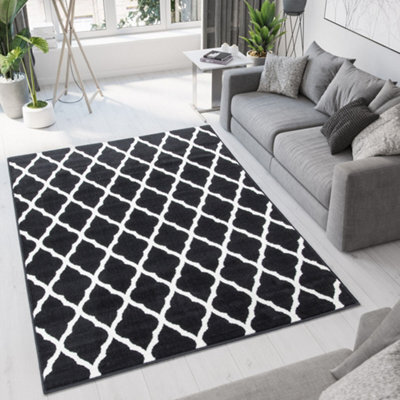 Loomed Black White Monochrome Classic Trellis Living Room Rug 240X330Cm - image 1