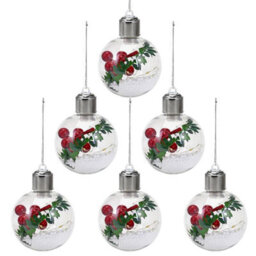 6Pcs Led Snow-Filled Christmas Baubles With Seasonal Decorations, Hanging Ornaments