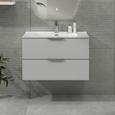 Royal Bathrooms Evora 800mm Matt White Fluted Wall Hung Bathroom Vanity Unit 2 Drawer Cabinet Storage With Ceramic Basin Sink - 1 Tap Hole - image 1
