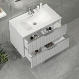 Royal Bathrooms Evora 800mm Matt White Fluted Wall Hung Bathroom Vanity Unit 2 Drawer Cabinet Storage With Ceramic Basin Sink - 1 Tap Hole - thumbnail 5