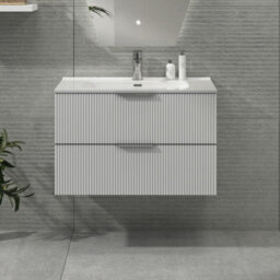 Royal Bathrooms Evora 800mm Matt White Fluted Wall Hung Bathroom Vanity Unit 2 Drawer Cabinet Storage With Ceramic Basin Sink - 1 Tap Hole