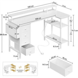 Yaheetech White 140 Cm L Shaped Wooden Computer Desk With Charging Station & 4 Drawers - thumbnail 3