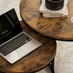 Wyld Haus Kefa Dimi Set Of 2 Rustic Brown Wood-Effect Nesting Tables - Round, Steel Bases - thumbnail 8