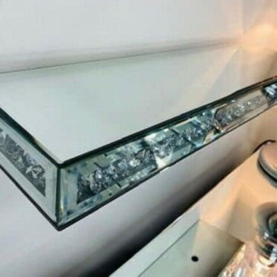 Deenz Set Of 2 Mirrored Crushed Diamond Floating Wall Mounted Shelf Glitz Sparkle 40Cm Home Decorative Living Room