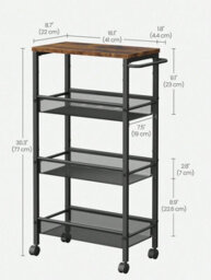 Songmics 4 Tier Trolley, Space Saving Kitchen Cart With Wheels, Kitchen Bathroom,rustic Brown And Black - thumbnail 5