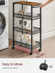 Songmics 4 Tier Trolley, Space Saving Kitchen Cart With Wheels, Kitchen Bathroom,rustic Brown And Black - thumbnail 4