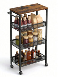 Songmics 4 Tier Trolley, Space Saving Kitchen Cart With Wheels, Kitchen Bathroom,rustic Brown And Black - thumbnail 6