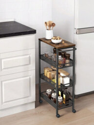 Songmics 4 Tier Trolley, Space Saving Kitchen Cart With Wheels, Kitchen Bathroom,rustic Brown And Black