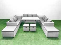 Fimous Rattan Garden Furniture Dining Set 13 Seater Lounge Sofa Dining Table Set 4 Stools 2 Side Tables Light Grey - thumbnail 2