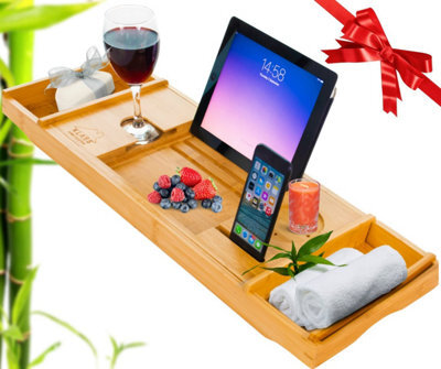Klass Home Collection Hsh Extendable Bamboo Bath Tray Caddy With Book Rest, Device Holder, Candle & Wine Glass Holder - image 1
