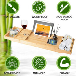 Klass Home Collection Hsh Extendable Bamboo Bath Tray Caddy With Book Rest, Device Holder, Candle & Wine Glass Holder - thumbnail 2