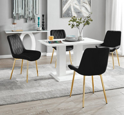 Furniturebox Uk 4 Seater Dining Set - Imperia White High Gloss Dining Table And Chairs - 4 Black Pesaro Gold Leg Chairs - image 1