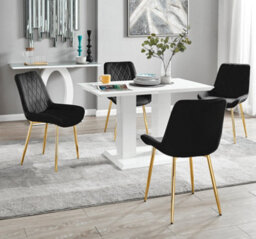 Furniturebox Uk 4 Seater Dining Set - Imperia White High Gloss Dining Table And Chairs - 4 Black Pesaro Gold Leg Chairs