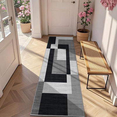 Oxford Homeware Printed Rug, Non-Slip Pet Friendly, Living Room Rugs And Hallways Runner, (Milo Black And Grey, 80X150Cm)
