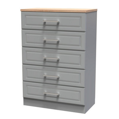 Sevilla Ready Assembled Matt Dark Grey Light Oak Effect 5 Drawer Wide Chest (H)1075mm (W)765mm (D)415mm - image 1