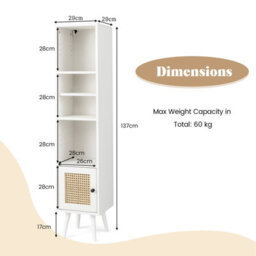 Costway 137Cm Rattan Storage Cabinet Freestanding Slim Cabinet Tall Bookcase - thumbnail 3