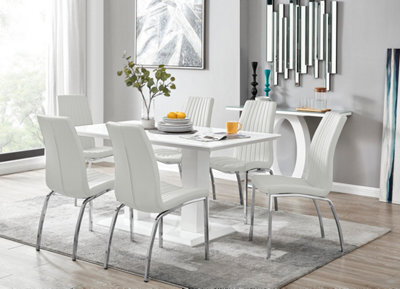 Furniturebox Imperia White High Gloss 6 Seater Dining Table With Structural 2 Plinth Column Legs 6 White Stitched Faux Leather Isco Chairs - image 1