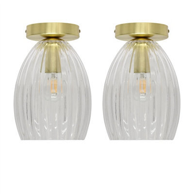 First Choice Lighting Set Of 2 Birch - Clear Fluted Glass Satin Brass Ceiling Light Fittings - image 1