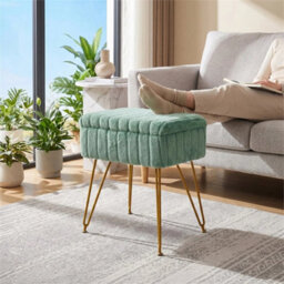 Green Dressing Table Stool With Storage Ottoman Seat W/gold Metal Legs - thumbnail 4