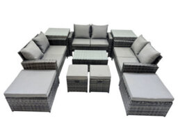 Fimous Pe Rattan Garden Furniture Set Lounge Double Seat Sofa Coffee Table Set With 2 Side Tables 4 Stools Dark Grey Mixedmixed - thumbnail 1