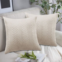 Ameha Beige Embossed Velvet Cushions Set, 18X18 Inch, Includes 2 Filled Cushions & 2 Covers, Breathable & Anti Allergic - thumbnail 2