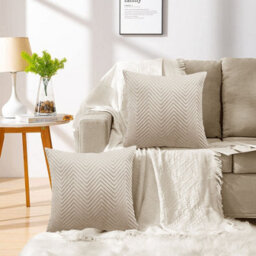 Ameha Beige Embossed Velvet Cushions Set, 18X18 Inch, Includes 2 Filled Cushions & 2 Covers, Breathable & Anti Allergic - thumbnail 3