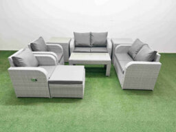 Fimous 7 Seater Outdoor Reclining Chair Love Sofa Set Rattan Garden Furniture Set Oblong Coffee Table Footstool 2 Side Tables - thumbnail 2