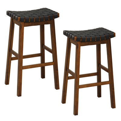 Costway Set Of 2 Woven Saddle Stools Faux Pu Leather Counter Height Stools 78Cm Barstool