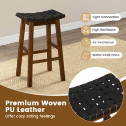 Costway Set Of 2 Woven Saddle Stools Faux Pu Leather Counter Height Stools 78Cm Barstool - thumbnail 6