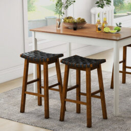 Costway Set Of 2 Woven Saddle Stools Faux Pu Leather Counter Height Stools 78Cm Barstool - thumbnail 4