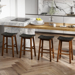 Costway Set Of 2 Woven Saddle Stools Faux Pu Leather Counter Height Stools 78Cm Barstool - thumbnail 5