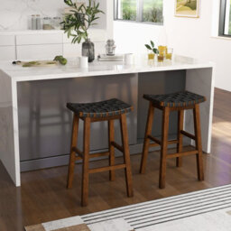 Costway Set Of 2 Woven Saddle Stools Faux Pu Leather Counter Height Stools 78Cm Barstool - thumbnail 3