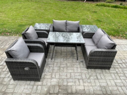 Fimous Wicker Pe Rattan Garden Dining Set Outdoor Furniture Sofa With Rectangular Dining Table 2 Side Tables Dark Grey Mixed - thumbnail 1