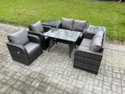 Fimous Wicker Pe Rattan Garden Dining Set Outdoor Furniture Sofa With Rectangular Dining Table 2 Side Tables Dark Grey Mixed - thumbnail 2