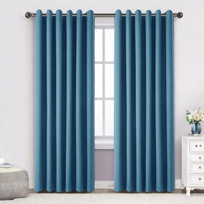 Bedlooms Blue Linen Curtain 100% Blackout Thermal Insulated Eyelet Curtain (Pair) 66 X 72 Inches With Tie Back Two - image 1