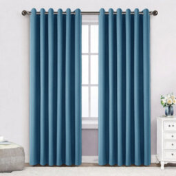 Bedlooms Blue Linen Curtain 100% Blackout Thermal Insulated Eyelet Curtain (Pair) 66 X 72 Inches With Tie Back Two