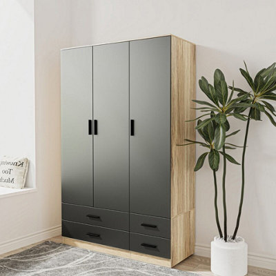Urbn-Living Urbnliving 180Cm Height Black 3 Door 4 Drawer Wardrobe Storage Shelf Modern Bedroom Oak Furniture - image 1