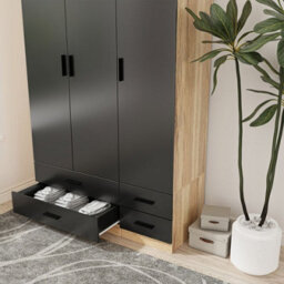 Urbn-Living Urbnliving 180Cm Height Black 3 Door 4 Drawer Wardrobe Storage Shelf Modern Bedroom Oak Furniture - thumbnail 3