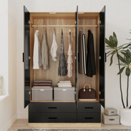Urbn-Living Urbnliving 180Cm Height Black 3 Door 4 Drawer Wardrobe Storage Shelf Modern Bedroom Oak Furniture - thumbnail 2