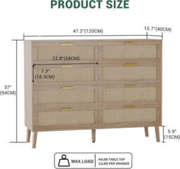 London Boutique 8 Drawer Rattan Chest Of Drawers, Natural Dresser Storage Cabinet, Wooden Sideboard For Bedroom Living Room - thumbnail 2