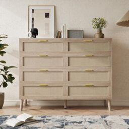 London Boutique 8 Drawer Rattan Chest Of Drawers, Natural Dresser Storage Cabinet, Wooden Sideboard For Bedroom Living Room
