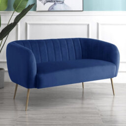 Matilda 137Cm Wide Dark Blue Ruched Back Velvet 2 Seat Sofa With Brass Coloured Steel Legs