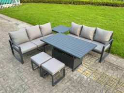 Fimous 6 Pieces Garden Furniture Set Aluminium Adjustable Rising Lifting Dining Table And Sofa Set With Side Table 2 Small Stools - thumbnail 1