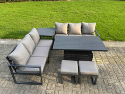 Fimous 6 Pieces Garden Furniture Set Aluminium Adjustable Rising Lifting Dining Table And Sofa Set With Side Table 2 Small Stools - thumbnail 2