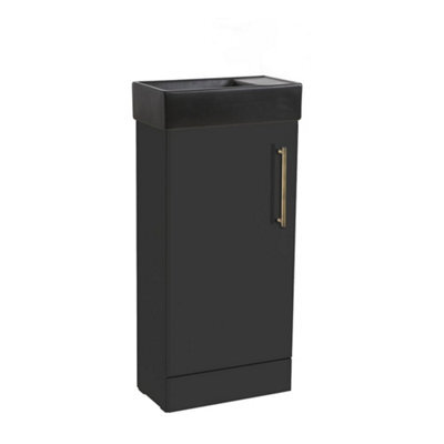 Homestylestore 400mm Black Grey Floorstanding Bathroom Vanity Unit Black Basin And Aged Gold T Bar Handle - image 1