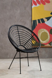 Orsina Natural Rattan Black Round Chair With Black Metal Legs, Rattan Dining Chair, Robust Rattan Lounge Chair - thumbnail 2