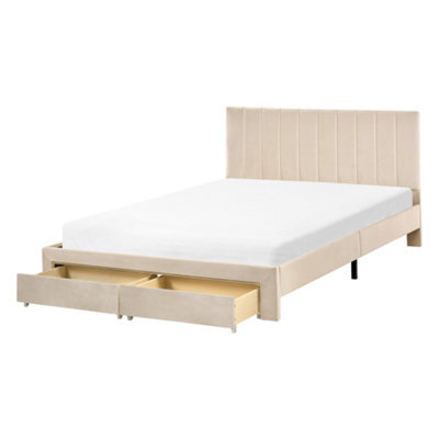 Beliani Bed With Storage Drawers Velvet Lonzac 140 X 200 Cm (Eu Double) Beige - image 1
