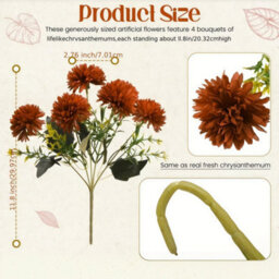 Amorly 4 Pcs Artificial Chrysanthemum Bouquets,5 Heads Brown Faux Ball Mum Flowers,fake Floral Stems For Fall Wedding Home Vase Decor - thumbnail 6