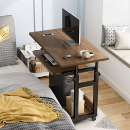 Walnut Adjustable Height Mobile Computer Laptop Desk Overbed Table On Wheels - thumbnail 3