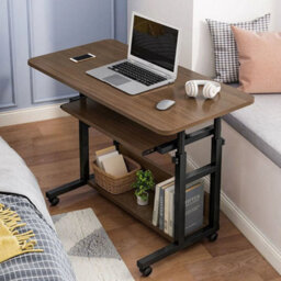 Walnut Adjustable Height Mobile Computer Laptop Desk Overbed Table On Wheels - thumbnail 1